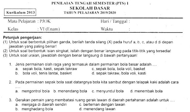 Kumpulan Soal Penilaian Tengah Semester (PTS) Ganjil PJOK Kelas 6 SD Terbaru Tahun 2019/2020 Gratis