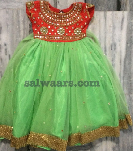 Green Red Mirror Work Frock for Kids