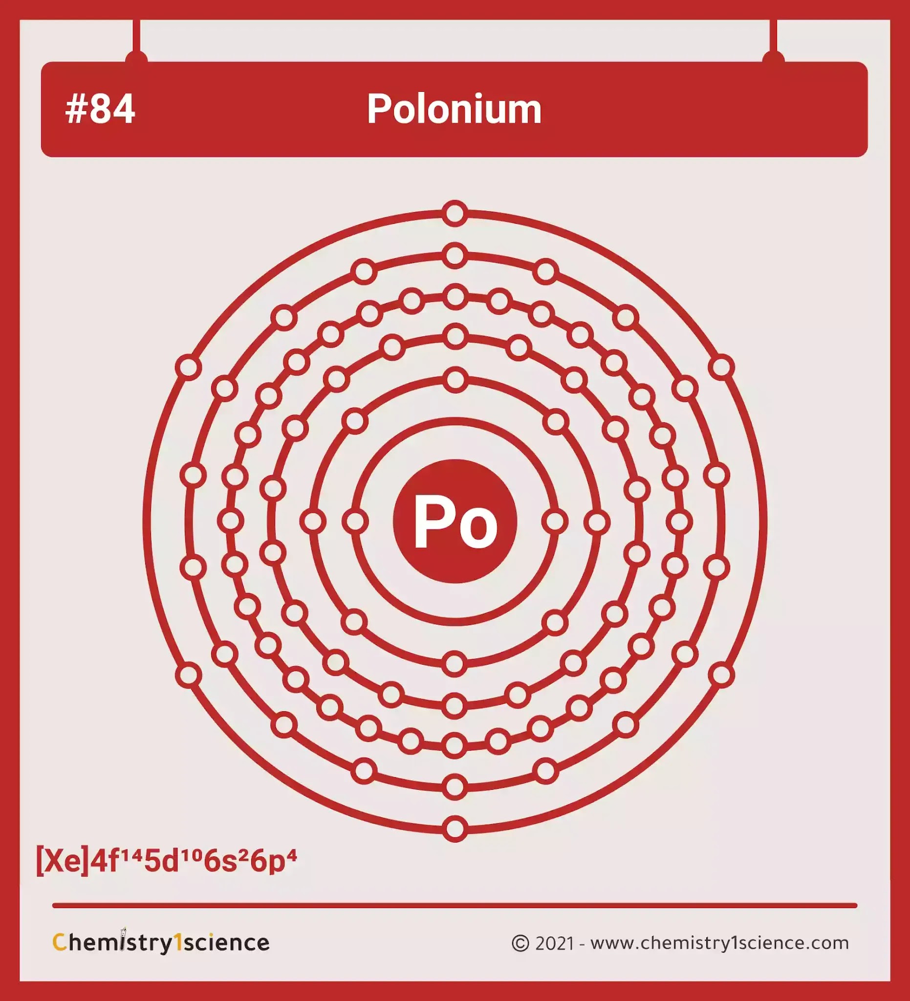 Polonium: Electron configuration - Symbol - Atomic Number - Atomic Mass - Oxidation States - Standard State - Group Block - Year Discovered – infographic