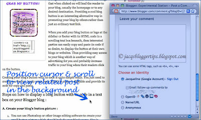 Screen shot of Blogger's pop-up window for comments, highlighted in blue, showing the comment form