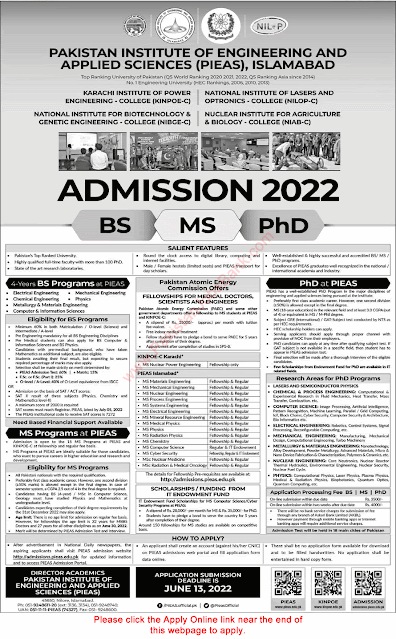 PIEAS Fellowships 2022 April MS / Postgraduate Programs for Engineers, Scientists & Doctors in PAEC KINPOE Apply Online Latest