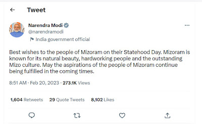 Prime Minister Narendra Modi on Monday greeted people of Mizoram on the anniversary of their states' formation and lauded their contribution to the country.