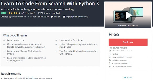 [100% Free] Learn To Code From Scratch With Python 3