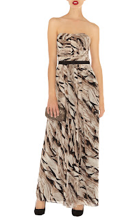 strapless maxi dress with feather print