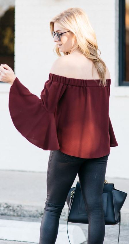 what to wear with a maroon off shoulder blouse: black leather skinnies + bag