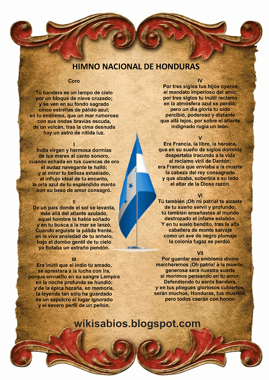 pergamino del himno nacional de honduras, himno de Honduras, imagen bonita del himno de honduras con una bandera