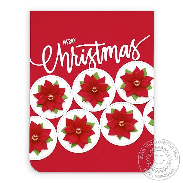 Sunny Studio Merry Christmas CAS Poinsettia Handmade Holiday Card with Stitched Circles (using Window Quad Circle Dies, Christmas Garland Frame Dies & Merry Mice Stamps)