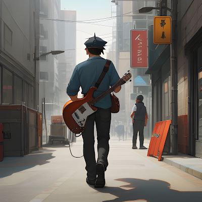 a worker walking on the street, he is holding back a guitar bag