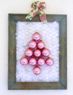 Framed Chicken Wire and Vintage Christmas Ornaments