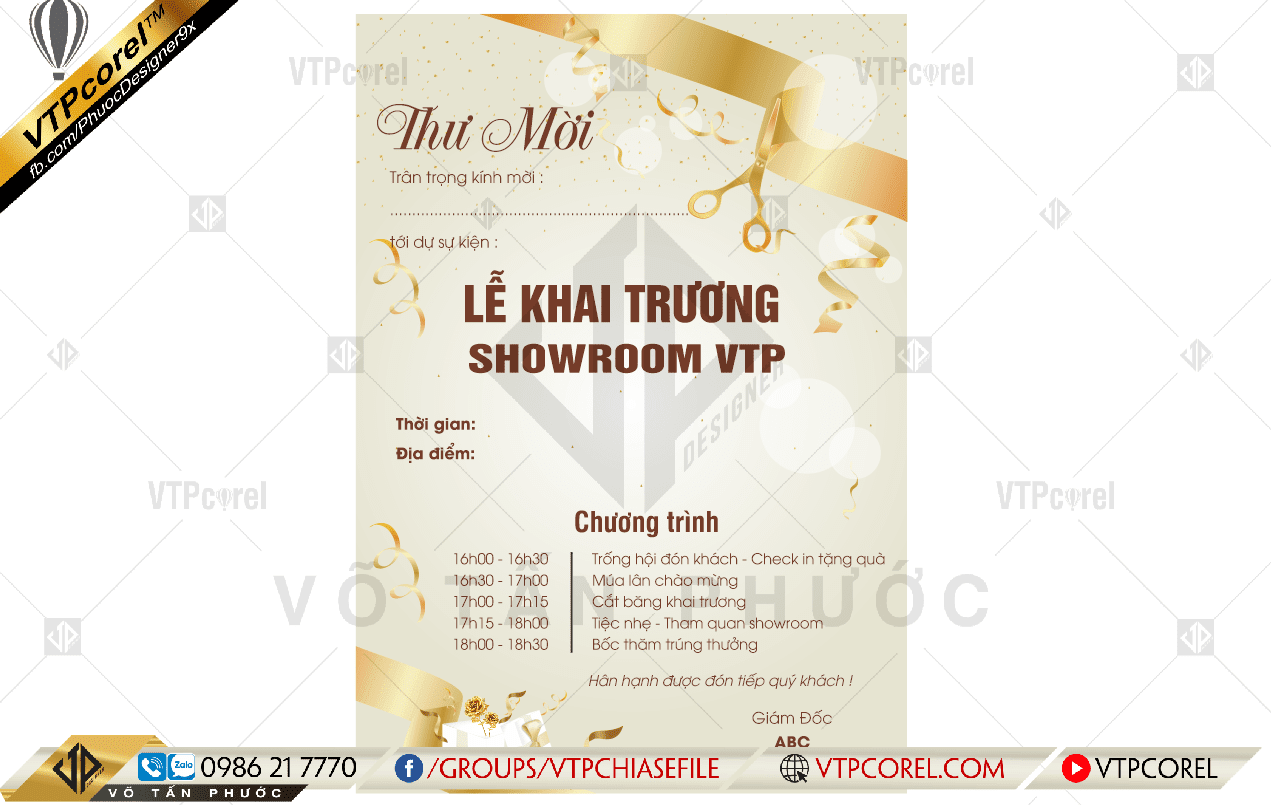 Thư Mời Khai Trương Showroom nền vàng sang trọng CDR12 | VTPcorel |