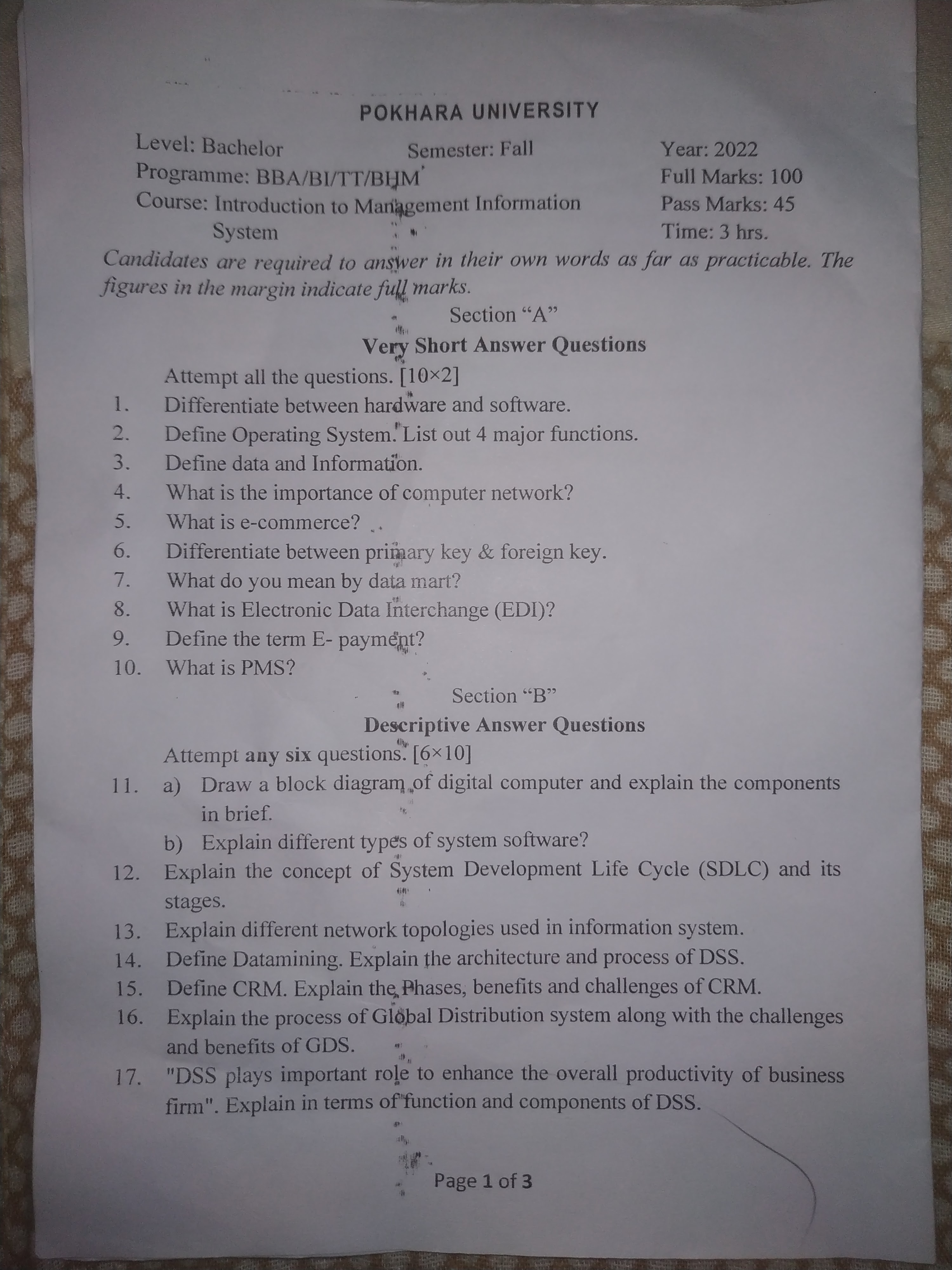 Management Information System (MIS) 2022 Fall Question Paper |Pokhara University (PU)| BBA/BBA-BI/BBA-TT/BHM |