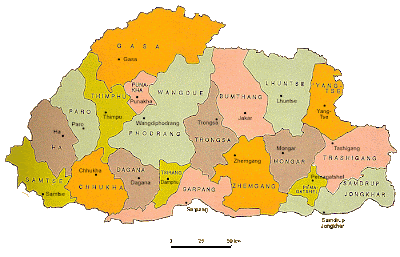 Carte de Bhoutan Région Province