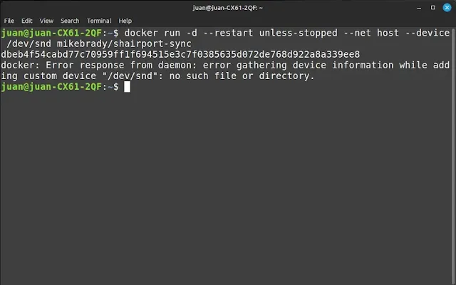 ""/dev/snd": no such file or directory." error message from Docker Desktop.