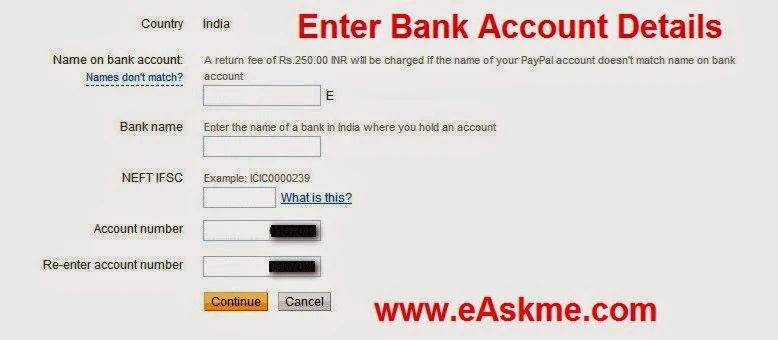 Enter Bank Account Details : eAskme