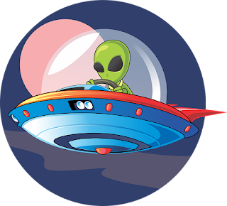 A cartoon of an alien piloting a flying saucer.