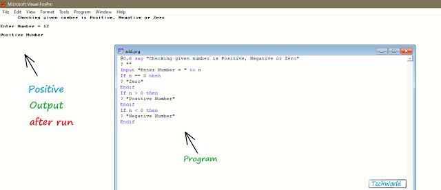 Program to check whether an inputted number is Positive, Negative or zero in FoxPro
