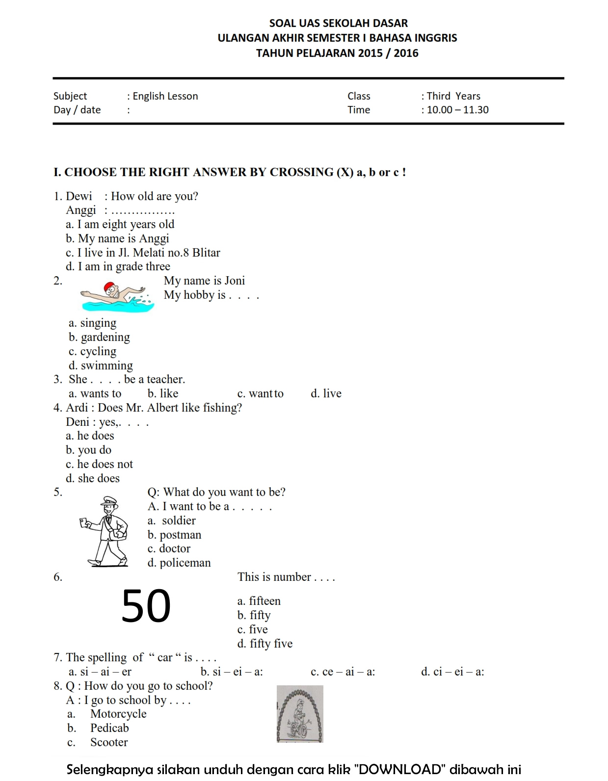 soal bahasa inggris kelas 1 sd materi bahasa inggris kelas 1 sd semester 1