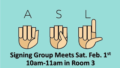 poster with hands spelling "ASL" and time of meeting