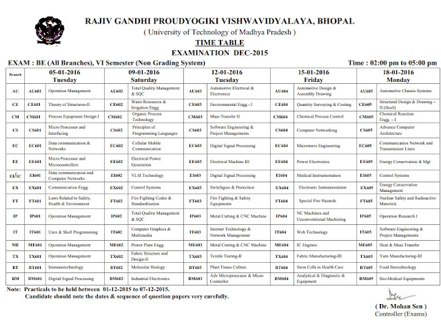 RGPV B.E 6th Sem (Non-Grading ) Exam Time Table 2016