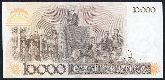 Brazil money currency 10000 Cruzeiros banknote 1984 Rui Barbosa speaking at the Peace Conference in the Hague 1907