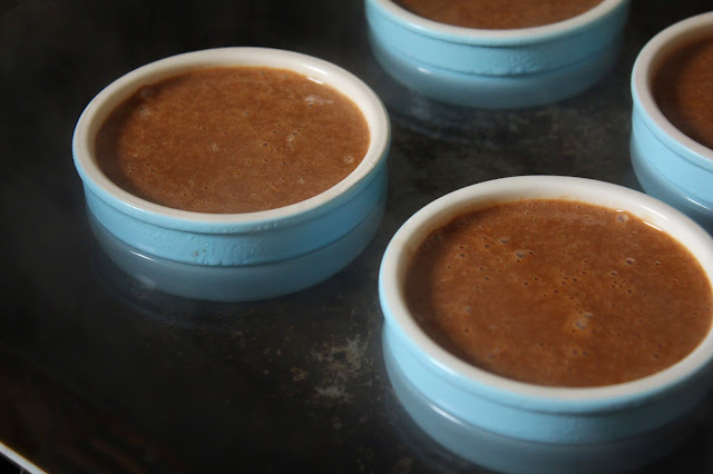 Creme Brulee in a Bain Marie with Pastel Blue Ramekins