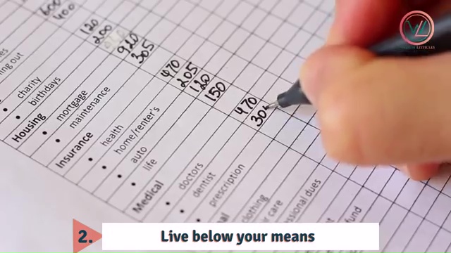 Leave below your means Try to spend less than you make look at your budget lines and make sure you spend a lot less than you make.