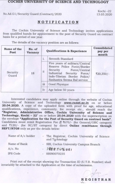 CUSAT Security Guard Recruitment 2020 Cochin University of Science & Technology 18 Security Guard Online Form