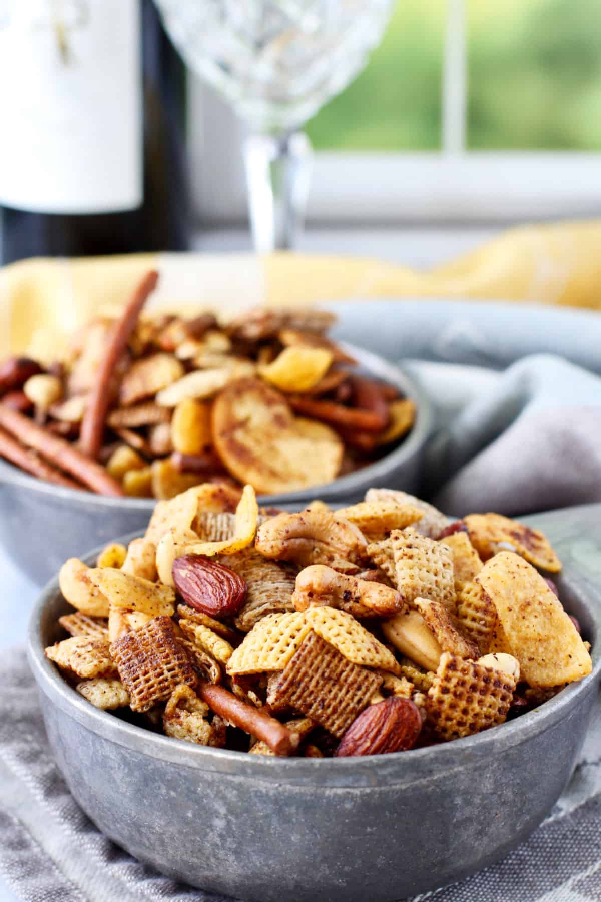 Nuts and Bolts Chex Mix appetizer in a bowl.