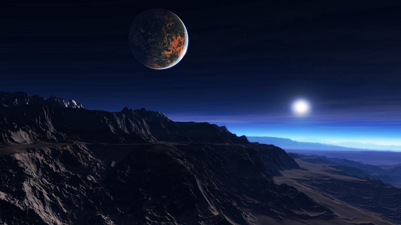 Wallpaper Exoplanet Atmosphere Clouds Stars Moon Mist Mountains Rocks