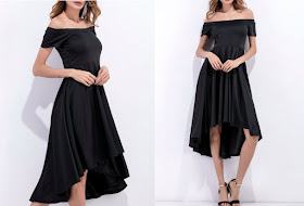  Off Shoulder High Low Flowing Dress - Black