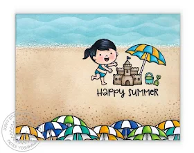 Sunny Studio: Beach Babies Happy Summer Card Ocean Scene Card with Beach Umbrellas by Mendi Yoshikawa