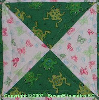 Easy X quilt block with frog fabric