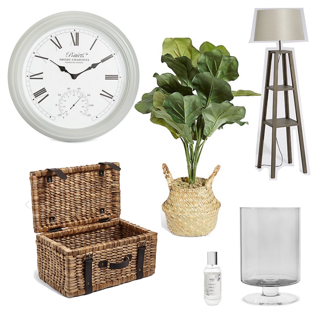 my midlife fashion, marks and spencer, marks and spencer homeware, marks and spencer large footed hurricane, marks and spencer water hyacinth suitcase storage box, marks and spencer medium fiddle leaf fig tree, marks and spencer large poitier wall clock, marks and spencer theo grey wood shelves floor lamp