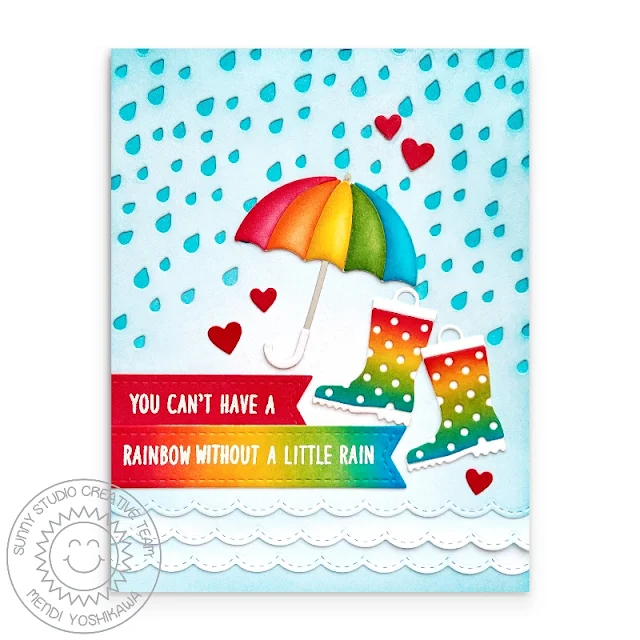 Sunny Studio Blog: Umbrella & Rain Boots Scalloped Cards (using Rainy Days Dies, Ribbon & Lace Dies and Over The Rainbow Stamps)