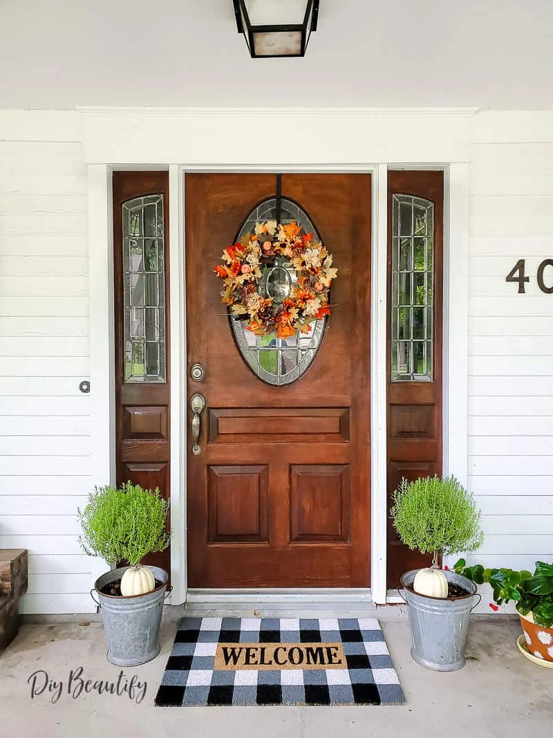 fall wreath, front porch, lavender, pumpkins