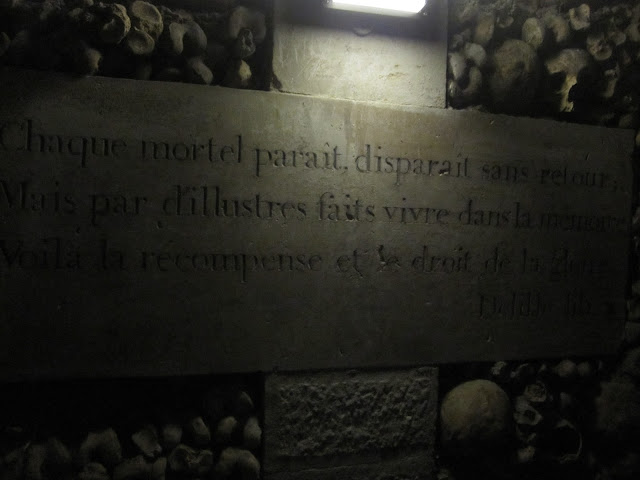 Call it maturity (ugh !) , i visit for the first time 20 years later the official catacombs of Paris  and i love it !!!!  "Catacombs is an underground ossuary in Paris. Located south of the former city gate (the "Barrière d'Enfer" at today's Place Denfert-Rochereau), the ossuary holds the remains of about six million people and fills a renovated section of caverns and tunnels that are the remains of Paris's stone mines."