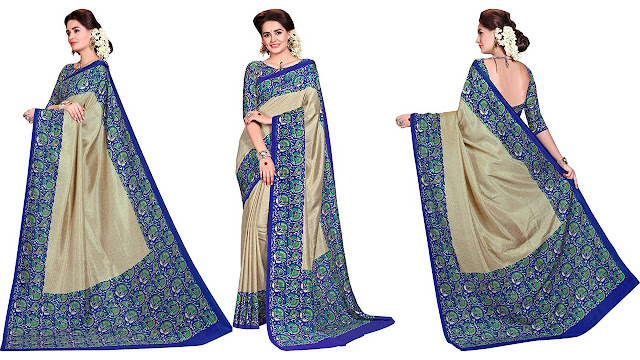 Anugrah Floral Print Banarasi Cotton, Silk, Crepe Saree  (Blue, Black, Beige)