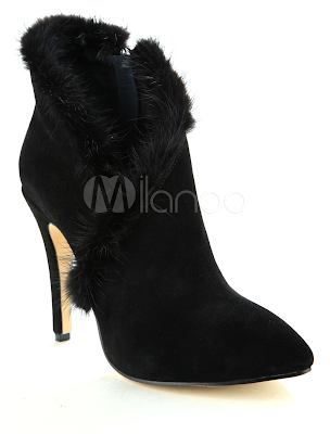 High Heel Fashion Black Sheepskin Suède Mid Calf Boots