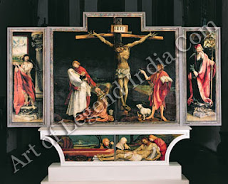 The Crucifixion that forms the centerpiece of the Isenheim Altarpiece is one of the most unforgettable images in the whole of Western art. No previous portrayal of the subject had so mercilessly depicted the ghastliness of Christ's physical sufferings. The calm figure of St John is the perfect foil to the convulsed and mangled body on the cross. The predella which accompanied this aspect of the altarpiece shows the Entombment of Christ, its quiet grief contrasting with the anguish of the Crucifixion.