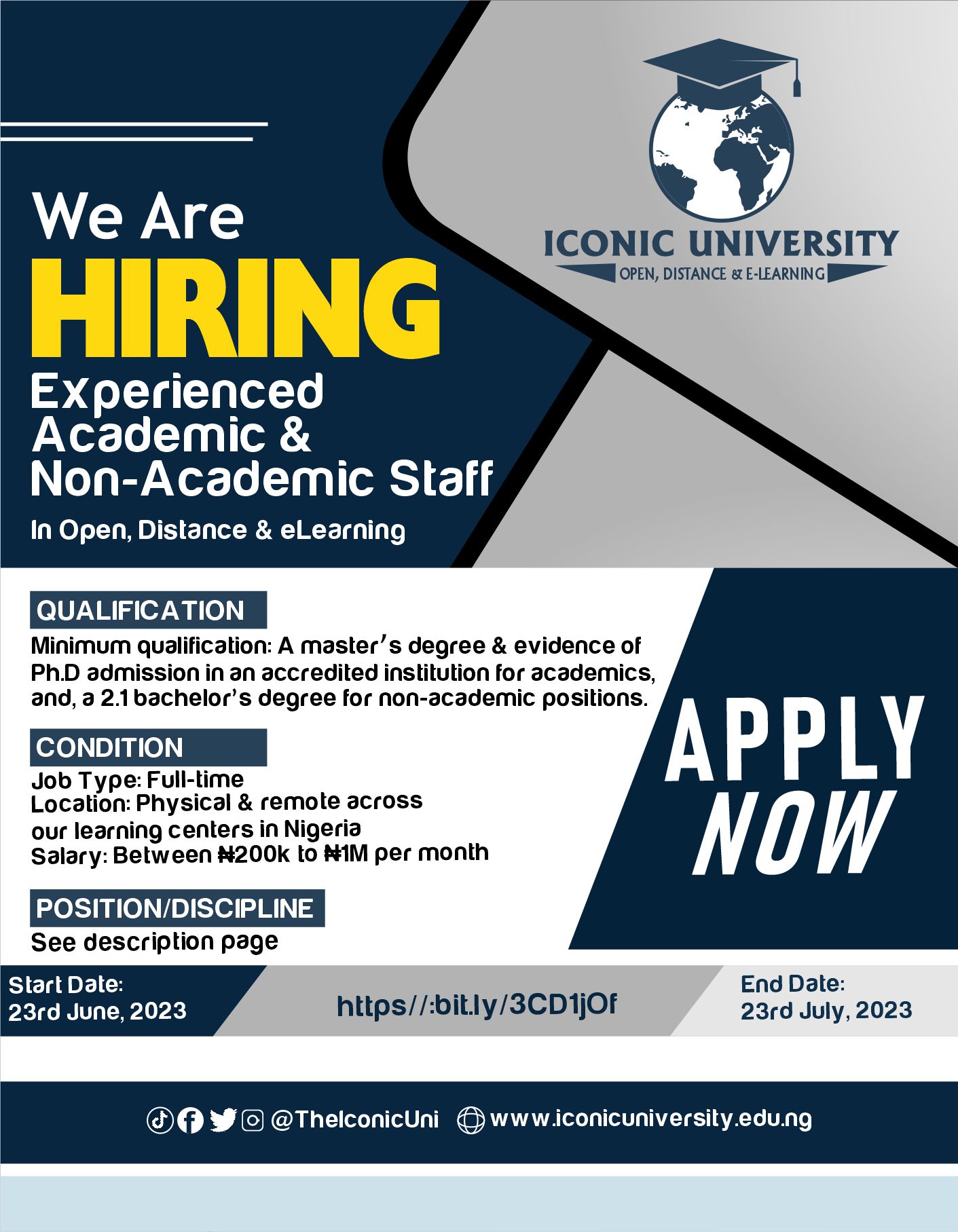 Call For Application: Academic and Non-academic Staff at Iconic University