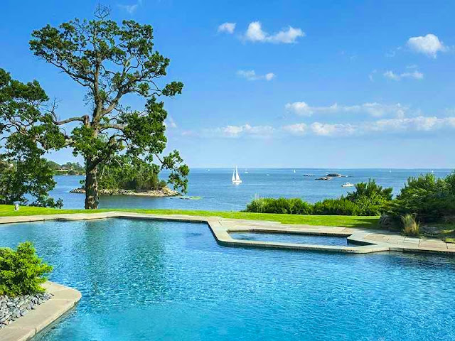 Pool and spa at Copper Beech Farm overlooking Long Island Sound