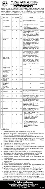 PAK-ITALIAN MODERN BURN CENTER  NISHTAR MEDICAL NIVERSITY, MULTAN JOBS 2023