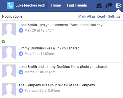 Facebook notifications menu