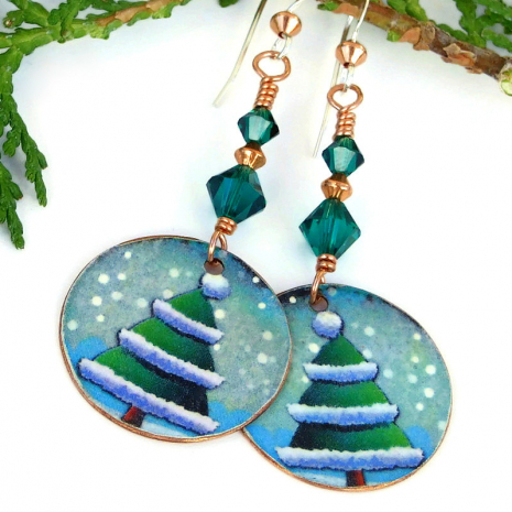 christmas trees and snow holiday jewelry with green crystals
