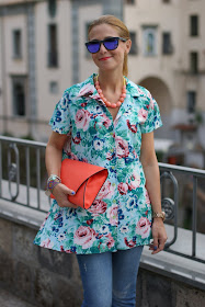 Kenzo flower print, Oakley mirror sunglasses, Zara orange clutch, Fashion and Cookies, fashion blog