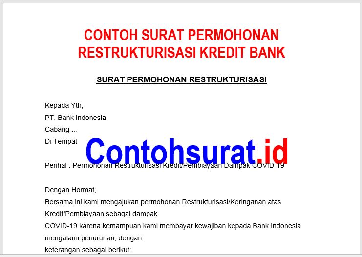 Surat Permohonan Restrukturisasi Kredit Bank Contoh Surat