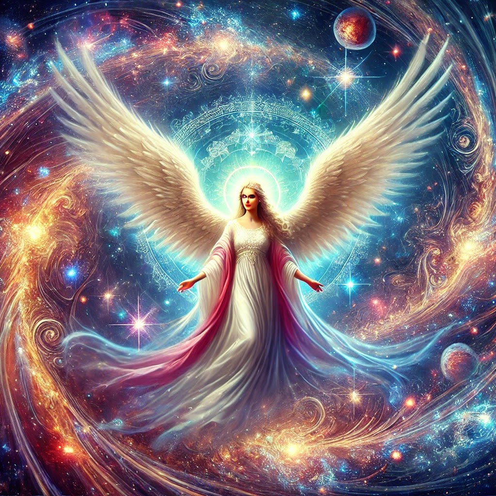 A divine angel surrounded by cosmic energy, reassuring Sagittarius that the universe is supporting their dreams and aspirations.