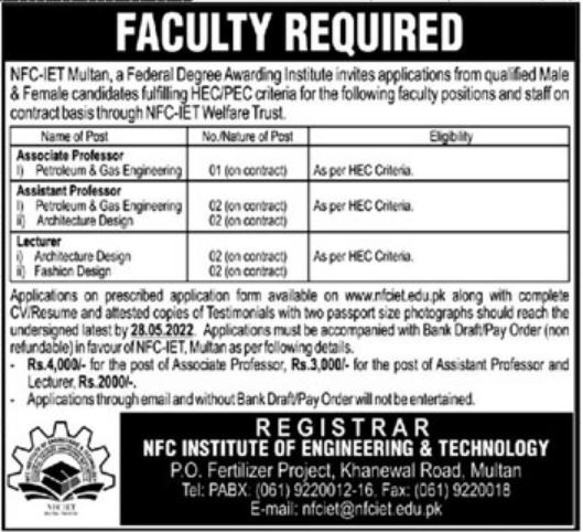 Latest NFC Institute of Engineering & Technology Education Posts Multan 2022