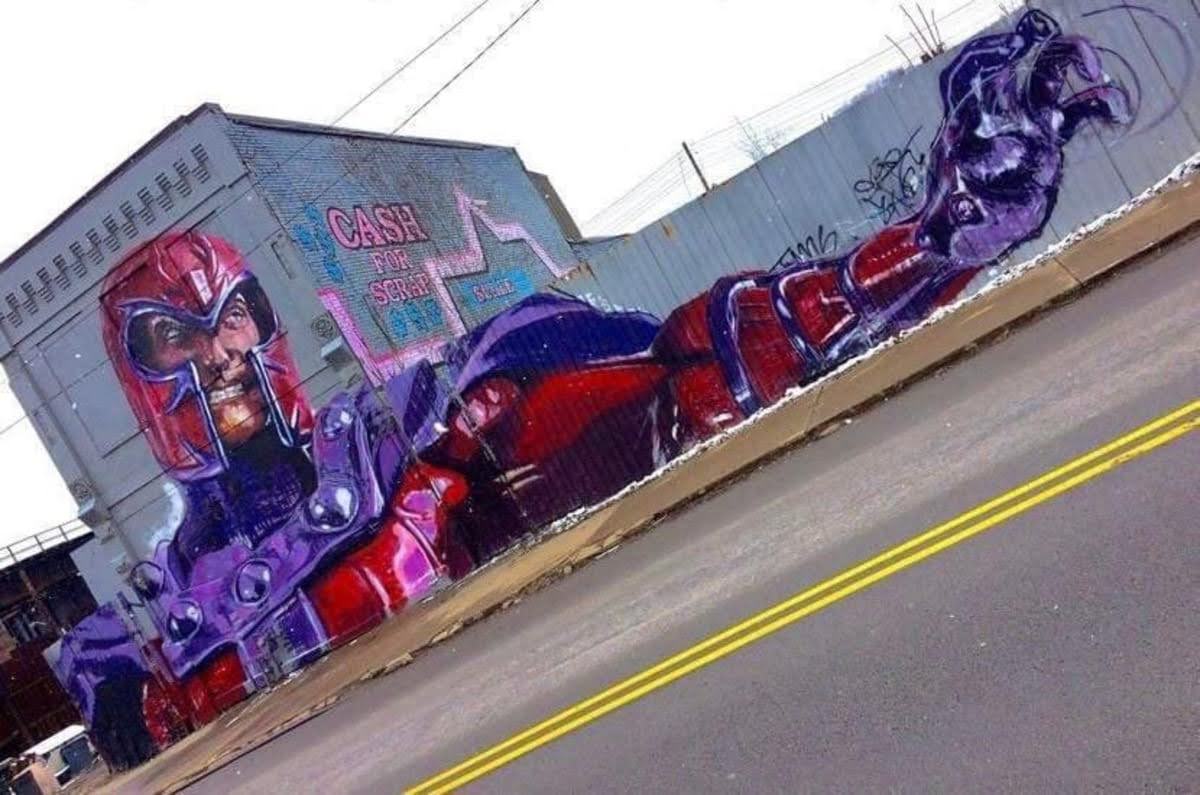 Magneto Mural In Pittsburgh X Men のミュータント差別反対の解放運動の過激な指導者のマグニートーを描いた巨大な壁画の グラフィティ Cia Movie News Extra