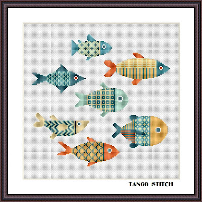 Fish family cute animals cross stitch ornament embroidery pattern - Tango Stitch